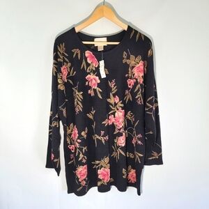 NWT CAPISTRANO Essentials Black Floral Crewneck Long Sleeve Knit Top Size 22/24